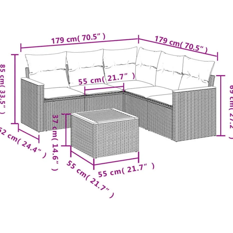 vidaXL 6-delige Loungeset voor 5 met kussens en salontafel - Grijs - Poly rattan