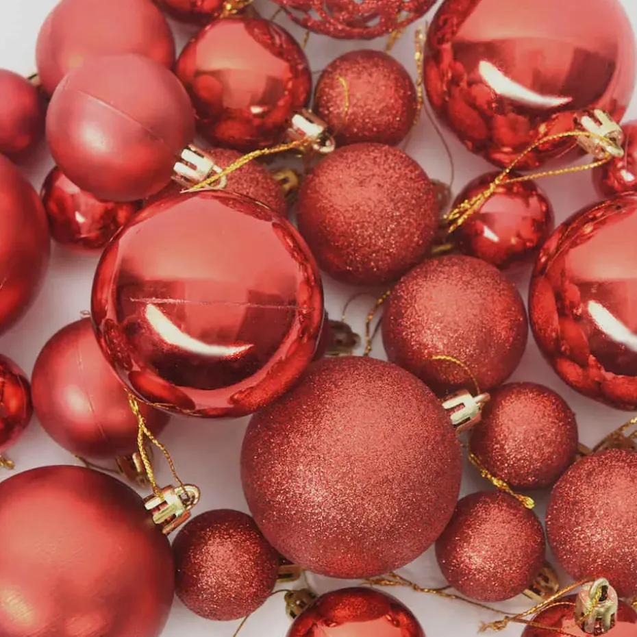 vidaXL Kerstballen met 150 LED - 61-delig - Ø3/4/6 cm - Rood - Kunststof - Mix
