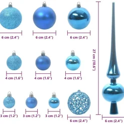 vidaXL Kerstballen set met 150 LED - 61x - Ø3/4/6 cm - Blauw - Kunststof - Mix