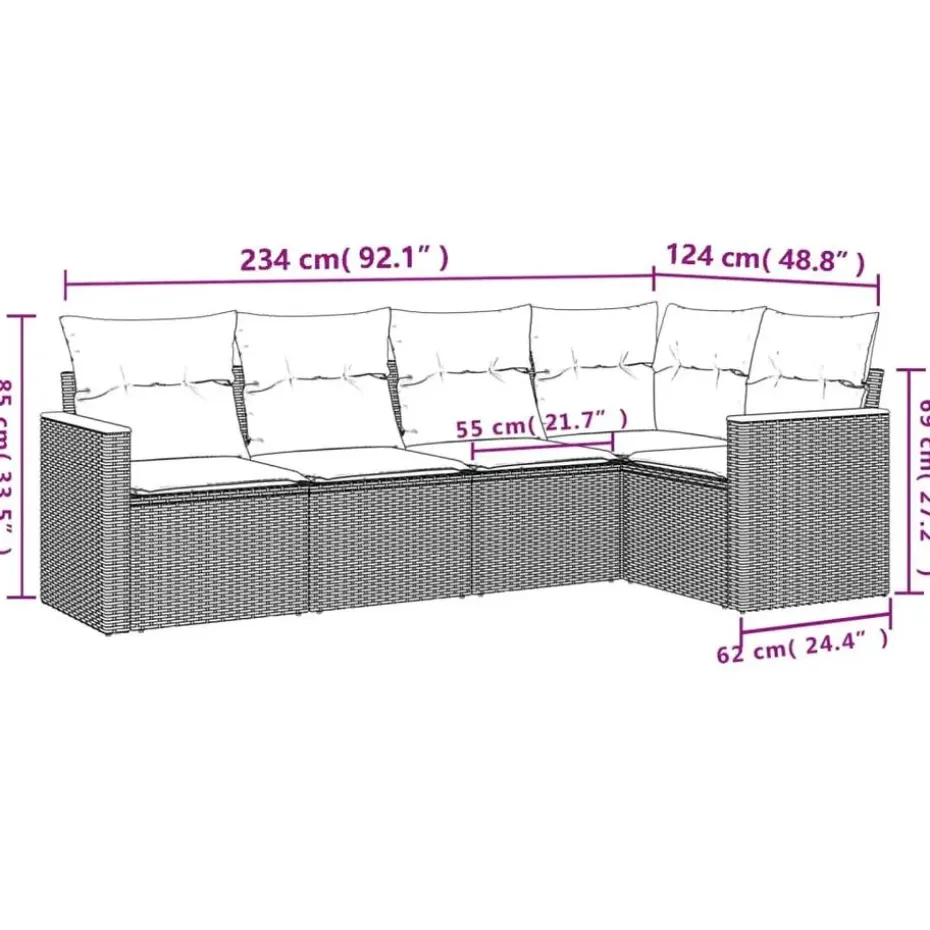 vidaXL Loungbank voor 5 met kussens en armsteun - Grijs - Poly rattan