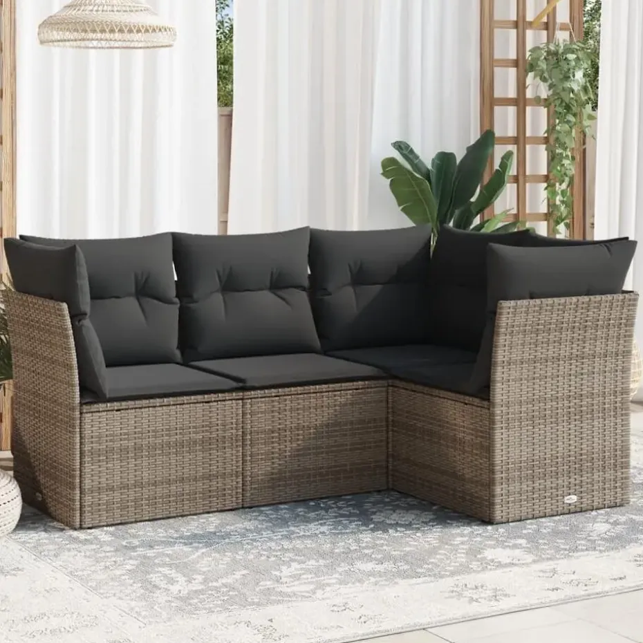 vidaXL Loungeset met 7 kussens voor 4 personen - Grijs - Poly Rattan - 4 stuks