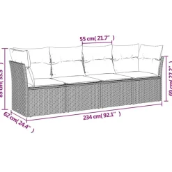 vidaXL Loungeset met kussens - set van 4 - Grijs - Poly Rattan - 234x62x69 cm