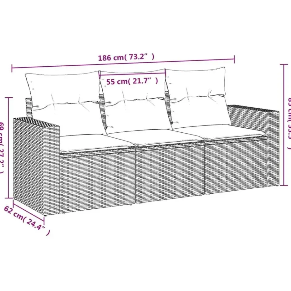 vidaXL Loungeset met kussens voor 3 personen - Grijs - Poly Rattan