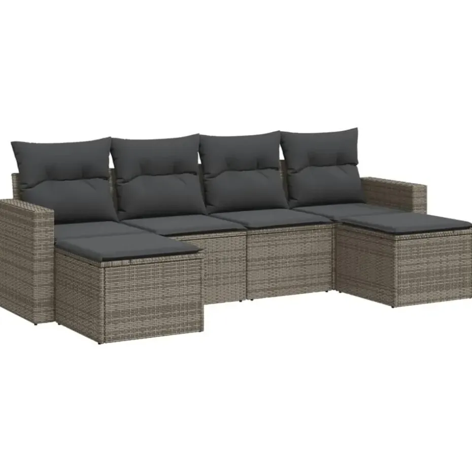 vidaXL Loungeset met kussens en 2 krukken - Grijs - Poly rattan - 6 stuks