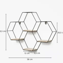 Vierdubbel zeshoekig metalen wandrek met 4 houten plankjes - 40,5x58 cm - Zwart