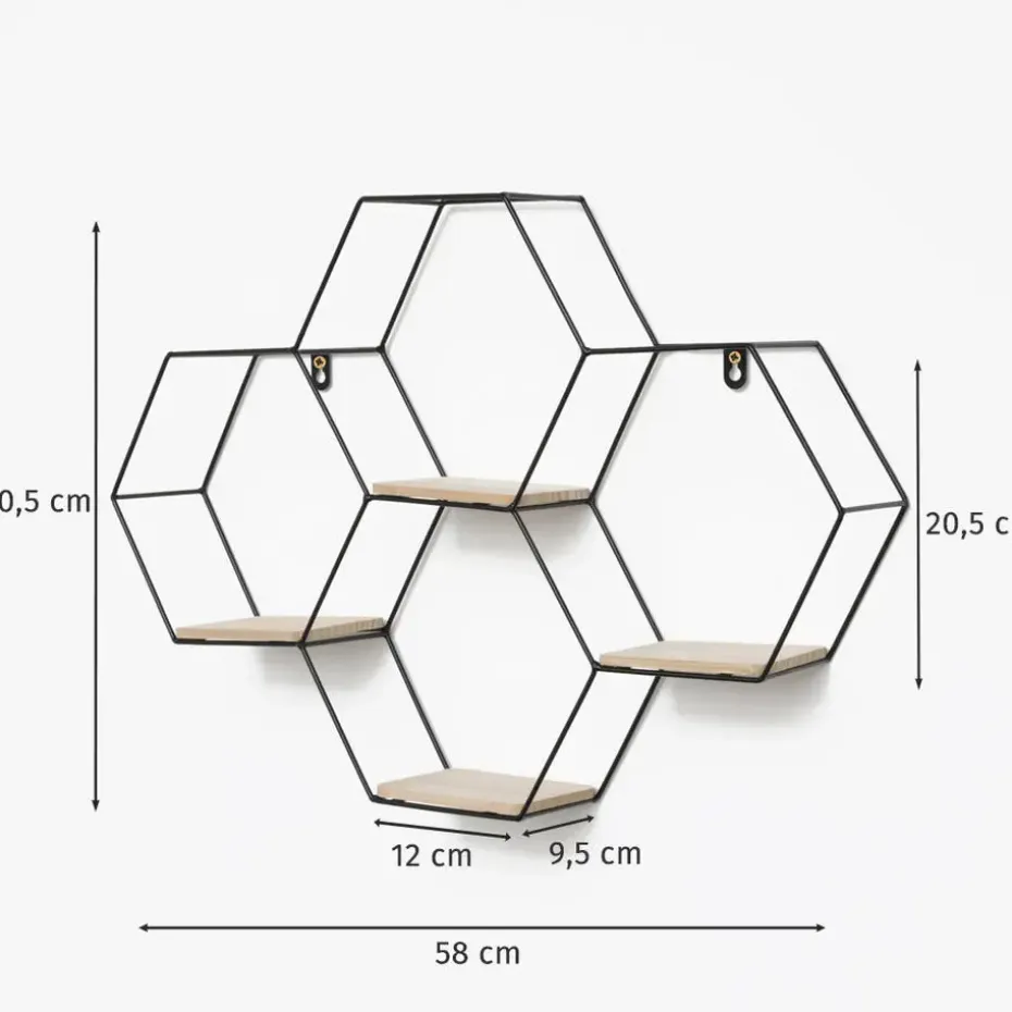 Vierdubbel zeshoekig metalen wandrek met 4 houten plankjes - 40,5x58 cm - Zwart