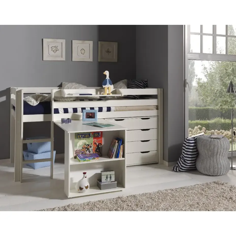 Vipack halfhoogslaper Pino met bureau en ladekast - wit - 114x105,4x209,4 cm
