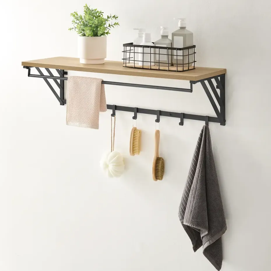 Wandkapstok - industriële look - 7 haken - 90x26x30 cm - lichte eik