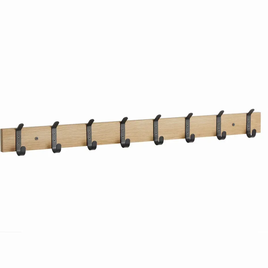 Wandkapstok - Kapstok met 8 Zwarte Haken - 88 cm - Lichte Eik