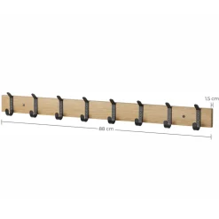Wandkapstok - Kapstok met 8 Zwarte Haken - 88 cm - Lichte Eik