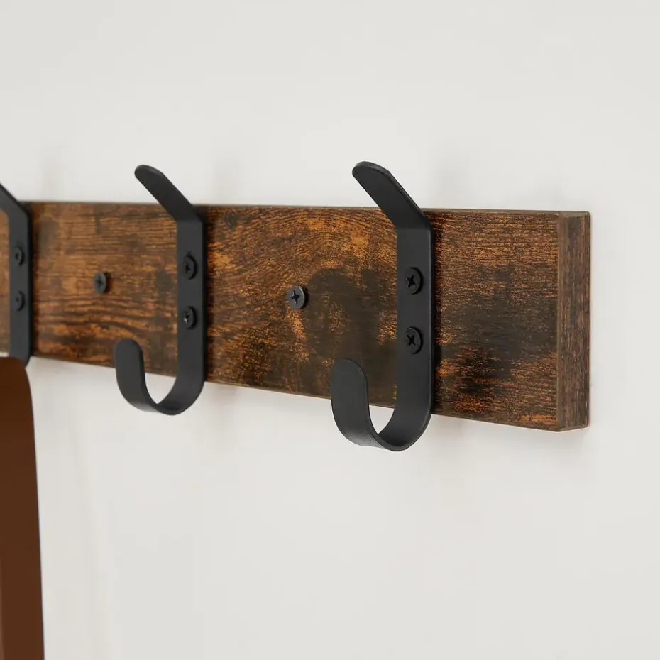 Wandkapstok met 6 Haken - compacte houten Muurkapstok - Vintage Bruin en Zwart