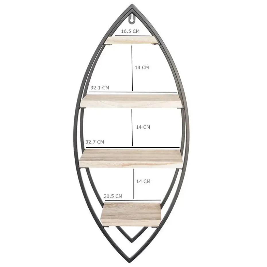 Wandrek ovaal met 4 houten plankjes - 36x80cm