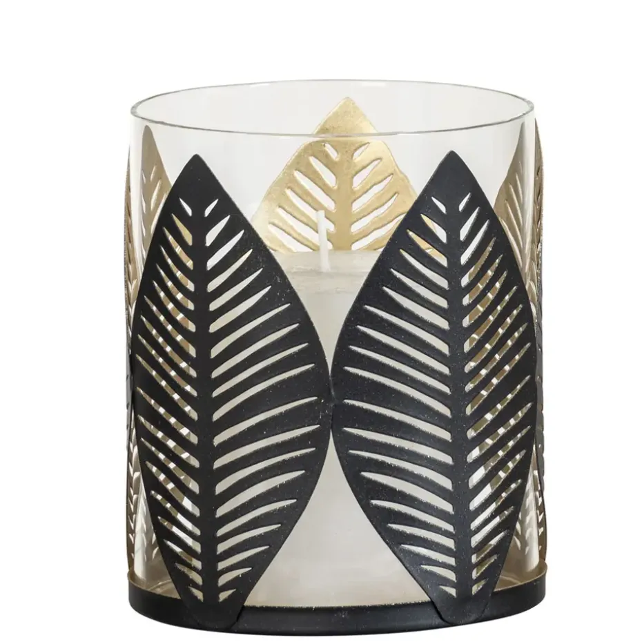 Waxinelichthouder Blad - zwart/goud - 12xØ10 cm