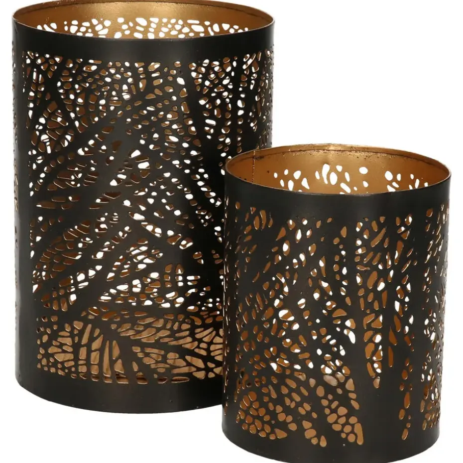 Windlicht set - 2x - zwart/goud - 10/15 cm - waxinelichthouder