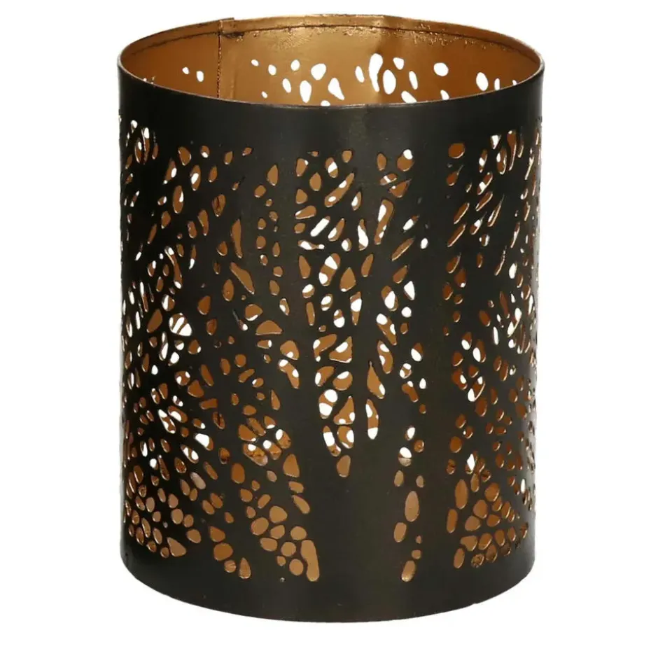 Windlicht set - 2x - zwart/goud - 10/15 cm - waxinelichthouder