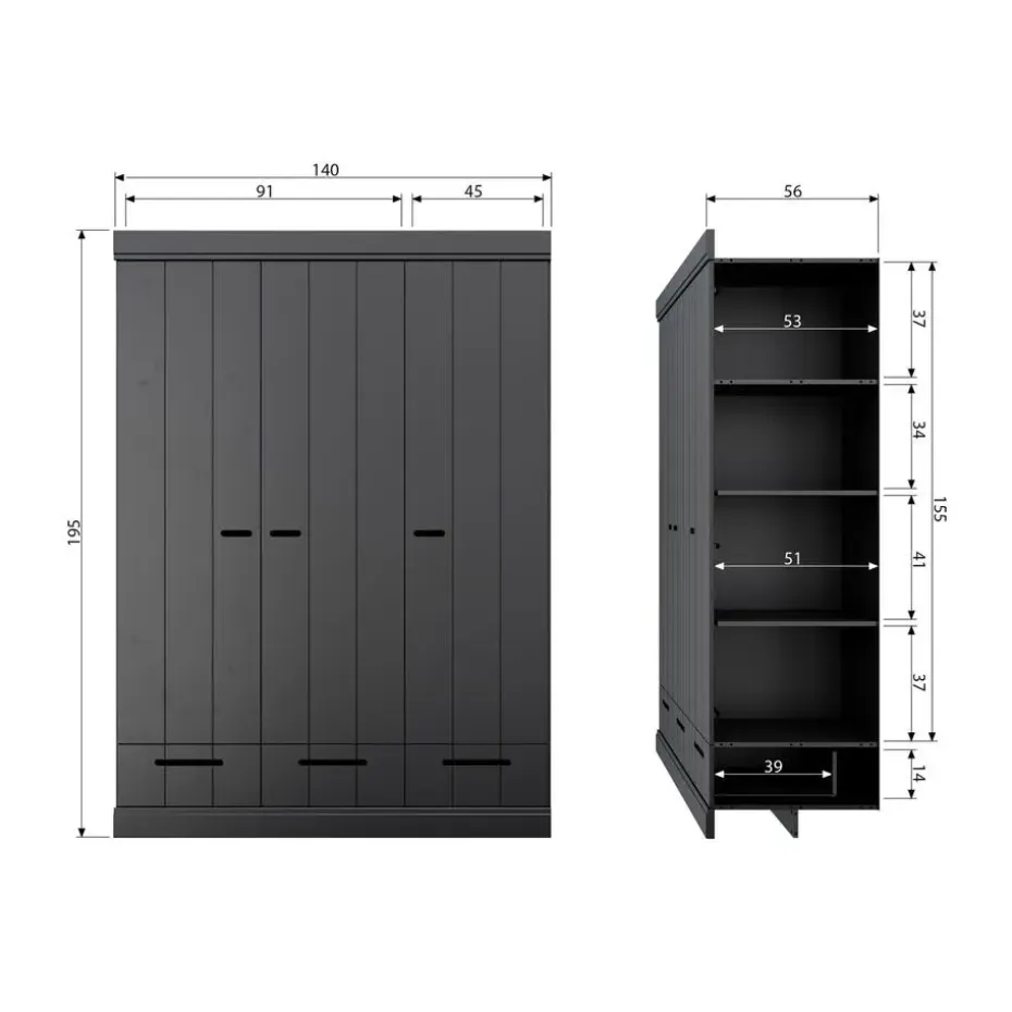 WOOOD Connect Kledingkast 3-Deurs met Lade - Grenen -Zwart- 195x140x53