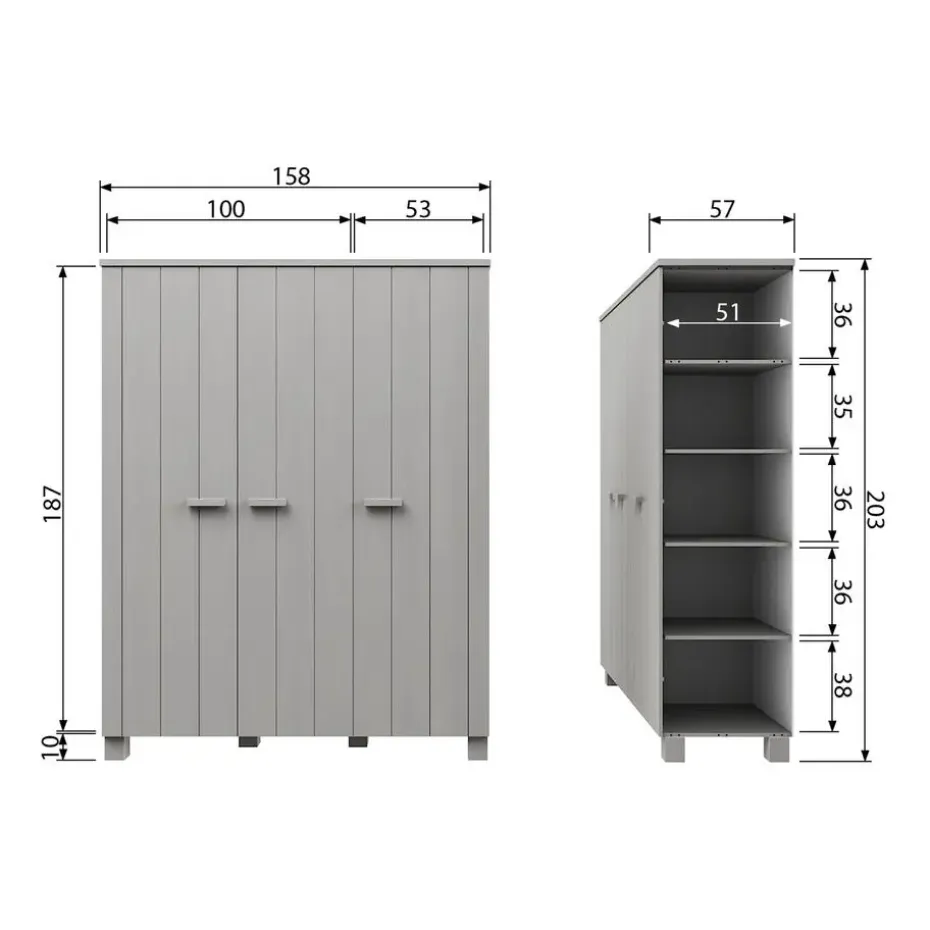 WOOOD Dennis 3 deurs Kast - Grenen - Betongrijs - 202x158x55
