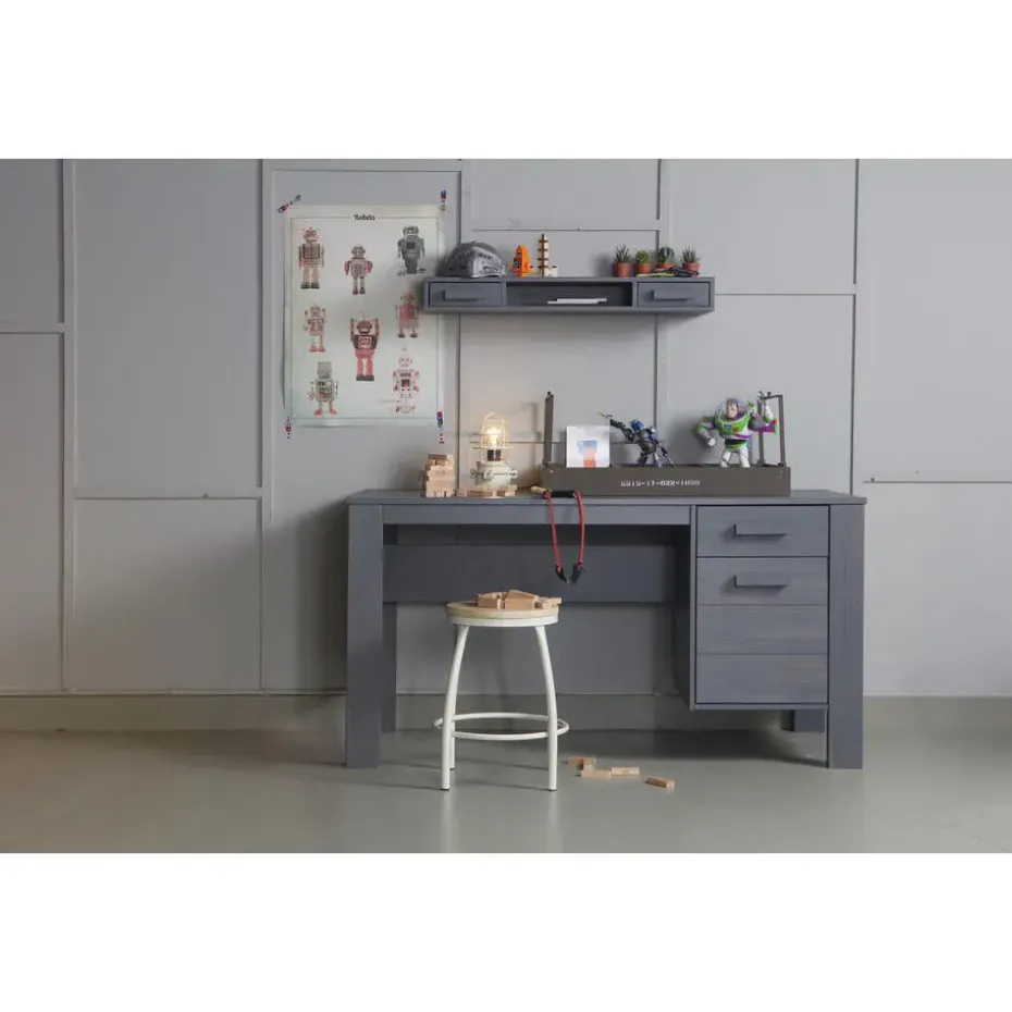WOOOD Dennis Bureau - Grenen Geborsteld - Staal Grijs - 74x141x59