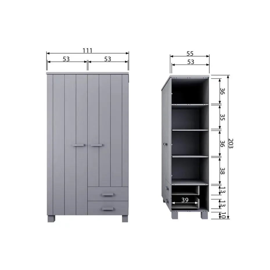WOOOD Dennis Kast Met Laden - Grenen - Betongrijs - 202x111x55