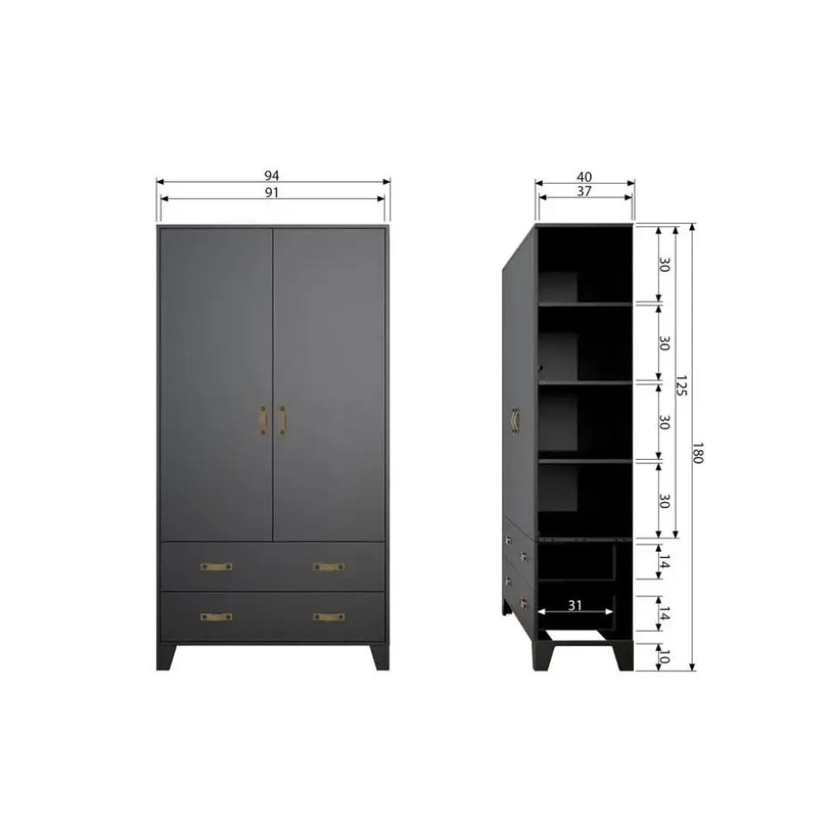 WOOOD Dian Garderobekast - Grenen - Zwart - 180x94x40