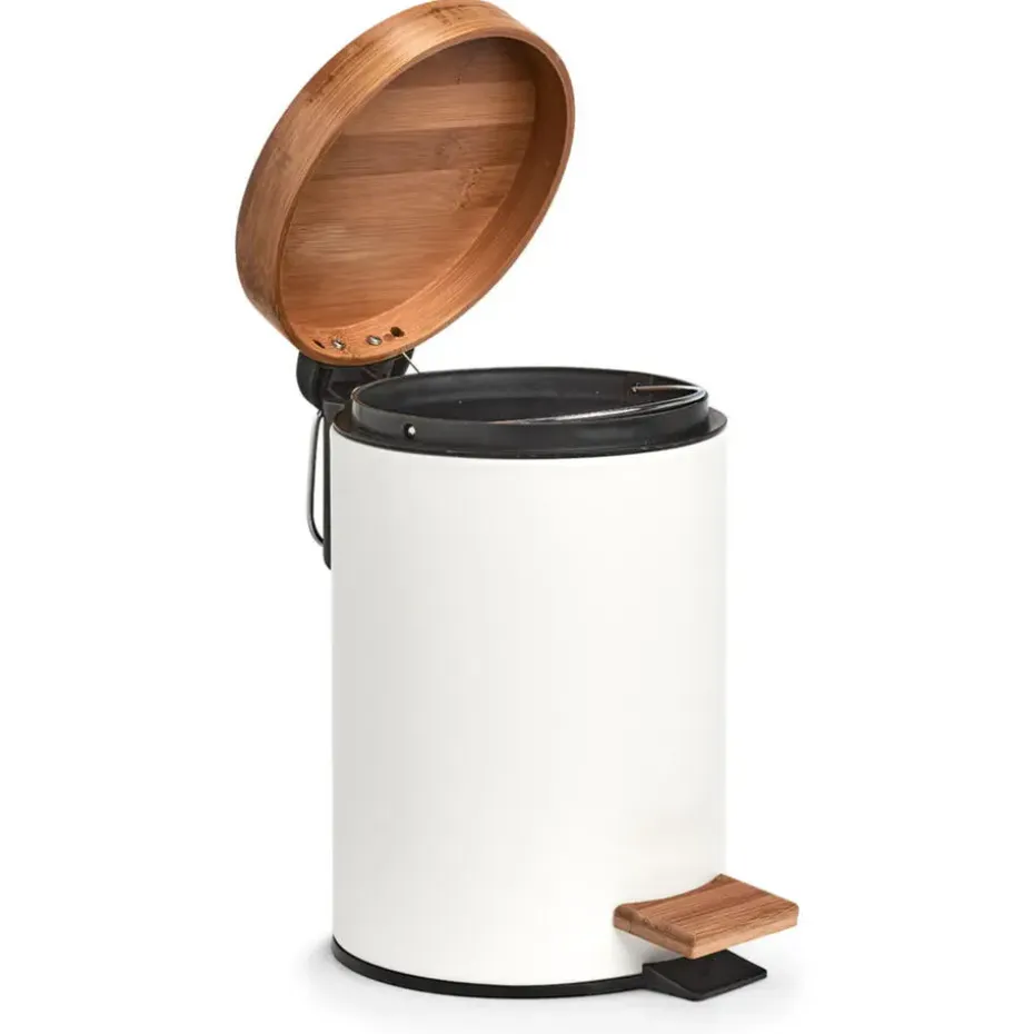 Zeller Pedaalemmer - 3L - wit - metaal en bamboe - 24 cm - toilet