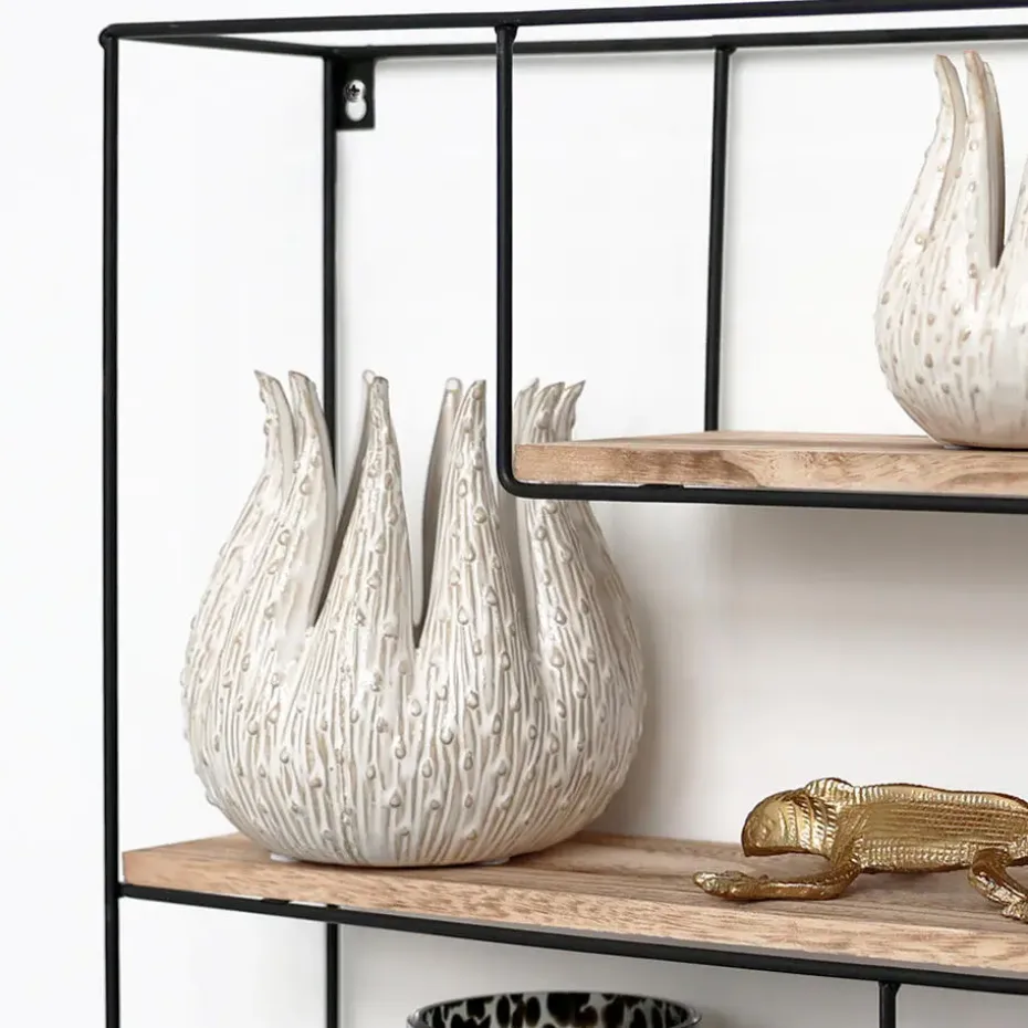 Zwart metalen wandrek met 4 houten plankjes - Rechthoek - 55x45x11 cm