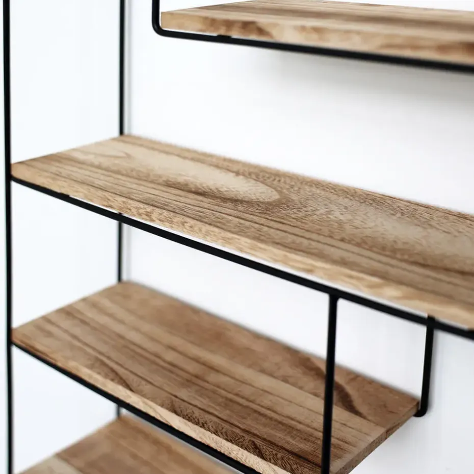 Zwart metalen wandrek met 4 houten plankjes - Rechthoek - 55x45x11 cm