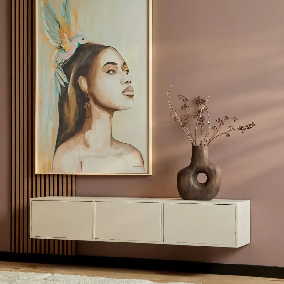 Zwevend Tv-Meubel Beige Mangohout - 160x35x30cm - 3 Deuren - Vision